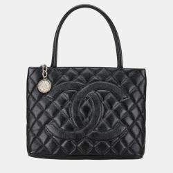 Pre Owned Chanel Black Caviar Skin Matelasse Deca Coco Mark Reprint Tote Quilted Bag