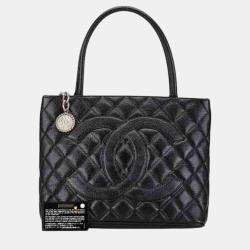 Pre Owned Chanel Black Caviar Skin Matelasse Deca Coco Mark Reprint Tote Quilted Bag