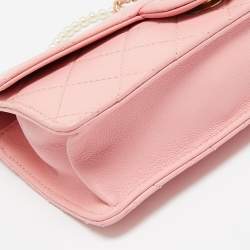Pre Owned Chanel Pink Quilted Leather Pearl Chain Flap Bag 