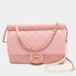 Pre Owned Chanel Pink Quilted Leather Pearl Chain Flap Bag 