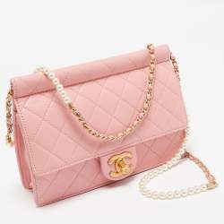 Pre Owned Chanel Pink Quilted Leather Pearl Chain Flap Bag 