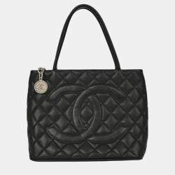 Pre Owned Chanel Black Calfskin Medallion Tote Handbag