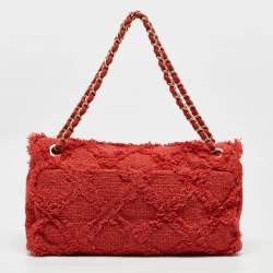 Pre Owned Chanel Red Diamond Stitch Tweed Maxi Nature Flap Bag                  