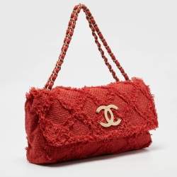 Pre Owned Chanel Red Diamond Stitch Tweed Maxi Nature Flap Bag                  