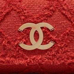 Pre Owned Chanel Red Diamond Stitch Tweed Maxi Nature Flap Bag                  
