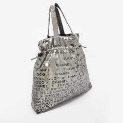 Pre Owned Chanel Silver Coated Nylon 31 Rue Cambon Graphic Drawstring Tote