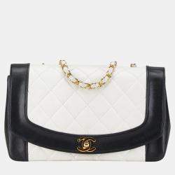 Chanel White Black Bicolor Lambskin Matelasse 25 Coco Mark Diana Chain Shoulder Bag