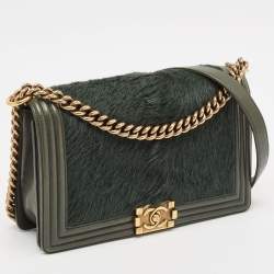 Pre Owned Chanel Green Calfhair and Leather New Medium Boy Flap Bag