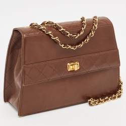 Pre Owned Chanel Brown Quilted Leather Trapezoid Flap Bag