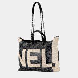 Chanel Black White Leather Camellia Coco Mark Chain Tote Bag