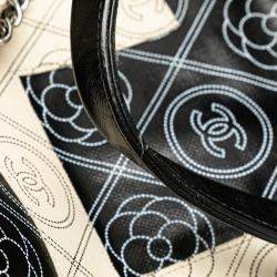 Chanel Black White Leather Camellia Coco Mark Chain Tote Bag