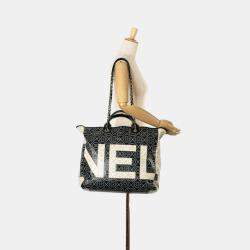 Chanel Black White Leather Camellia Coco Mark Chain Tote Bag