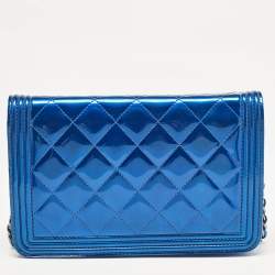Chanel Royal Blue Quilted Patent Leather Boy Wallet on Chain