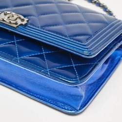 Chanel Royal Blue Quilted Patent Leather Boy Wallet on Chain