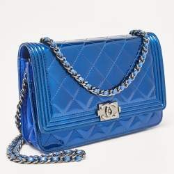 Chanel Royal Blue Quilted Patent Leather Boy Wallet on Chain