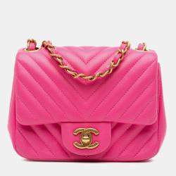 Chanel Pink Mini Square Classic Chevron Lambskin Flap