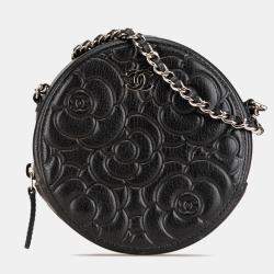 Pre Owned Chanel Black Goatskin Camellia Round Clutch with Chain