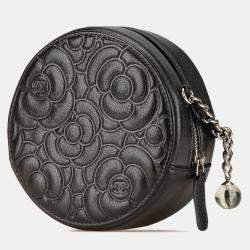 Pre Owned Chanel Black Goatskin Camellia Round Clutch with Chain
