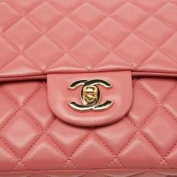Pre Owned Chanel Peach Pink Quilted Leather Medium Classic Double Flap Bag