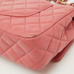Pre Owned Chanel Peach Pink Quilted Leather Medium Classic Double Flap Bag