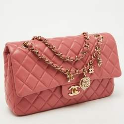 Pre Owned Chanel Peach Pink Quilted Leather Medium Classic Double Flap Bag