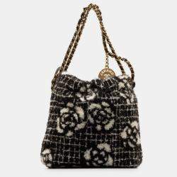 Chanel Black Cotton Camellia Logo Gold Chain Tote Shoulder Bag
