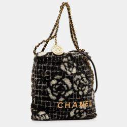 Chanel Black Cotton Camellia Logo Gold Chain Tote Shoulder Bag