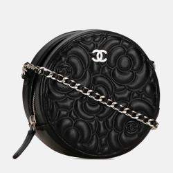 Pre Owned Chanel Black Leather Camellia Round Mini Chain Shoulder Bag