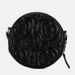 Pre Owned Chanel Black Leather Camellia Round Mini Chain Shoulder Bag