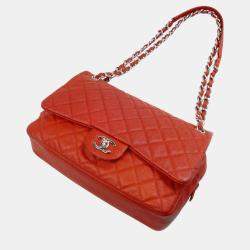 Pre Owned Chanel Orange Caviar Leather Large Flap Shoulder Bag