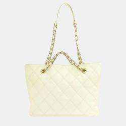 Pre Owned Chanel White Caviar  Leather Chain Tote Bag