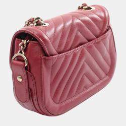 Chanel Red Reverse Chevron Quilted  Leather Round Top Handle  Bag