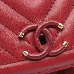 Chanel Red Reverse Chevron Quilted  Leather Round Top Handle  Bag