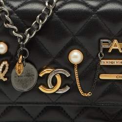 Chanel Black Quilted Leather Coco Clips Mini Wallet On Chain