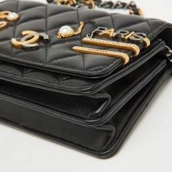 Chanel Black Quilted Leather Coco Clips Mini Wallet On Chain