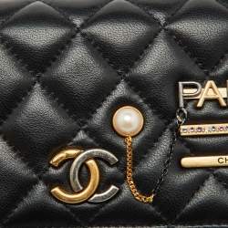 Chanel Black Quilted Leather Coco Clips Mini Wallet On Chain
