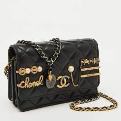 Chanel Black Quilted Leather Coco Clips Mini Wallet On Chain
