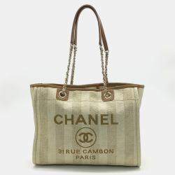 Pre Owned Chanel Beige Brown Canvas Deauville Tote and Shoulder Bag