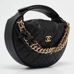 Pre Owned Chanel Black Quilted Shiny Caviar Leather Bow Pouch