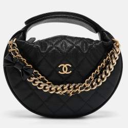 Pre Owned Chanel Black Quilted Shiny Caviar Leather Bow Pouch