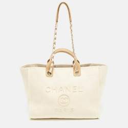 Chanel Tan/Cream Canvas Large Pearl Deauville Shopper Tote