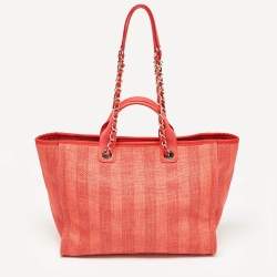 Chanel Red Raffia Striped Large Deauville Shopper Tote