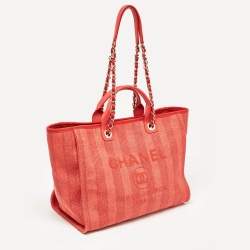 Chanel Red Raffia Striped Large Deauville Shopper Tote