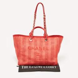 Chanel Red Raffia Striped Large Deauville Shopper Tote