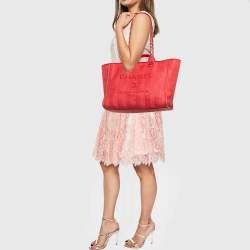 Chanel Red Raffia Striped Large Deauville Shopper Tote