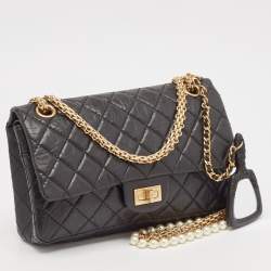 Pre Owned Chanel Black Quilted Aged Leather Reissue 2.55 Pearl Embellished Classic 225 Flap Bag