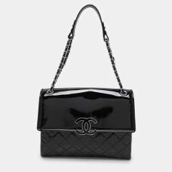 Pre Owned Chanel Black Quilted Patent Leather Double Compartment Flap Bag