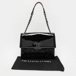Pre Owned Chanel Black Quilted Patent Leather Double Compartment Flap Bag