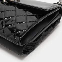 Pre Owned Chanel Black Quilted Patent Leather Double Compartment Flap Bag