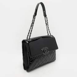 Pre Owned Chanel Black Quilted Patent Leather Double Compartment Flap Bag